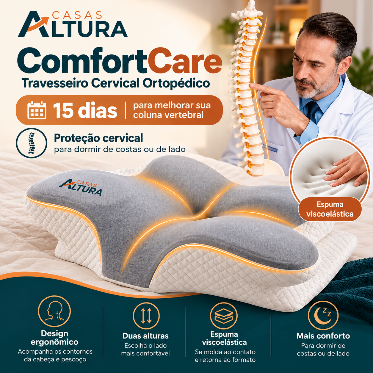 ComfortCare - Travesseiro Cervical Ortopédico | Espuma Viscoelástica • Design Ergonômico